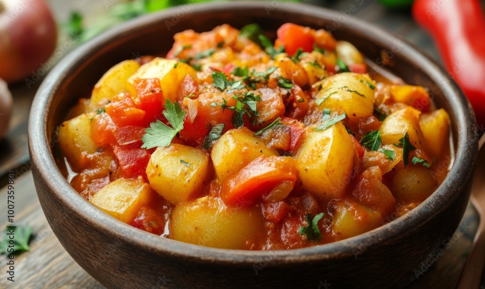 potato stew cooked with pepper, tomatoes and onions, in a bowl potato stew cooked with pepper, tomatoes and onions, in a bowl
