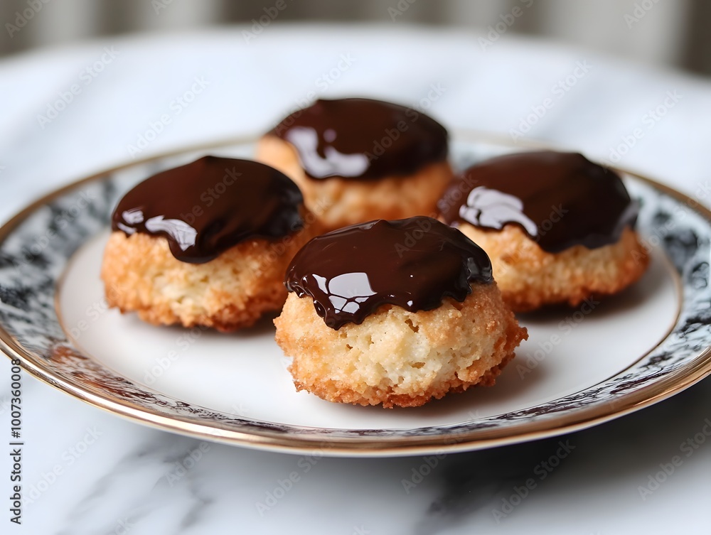Many chocolate-dipped macaroons Many chocolate-dipped macaroons