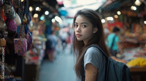 A youthful Asian tourist strolls through an open-air marketplace in Bangkok, Thailand.