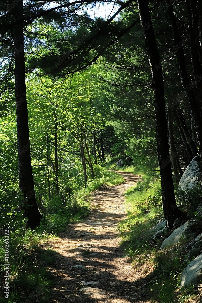Obraz premium Sunlit Forest Path Winding Through Lush Greenery