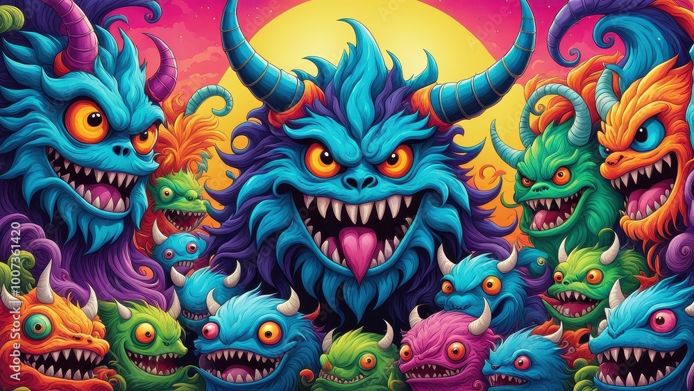 Fototapeta premium A vibrant illustration of colorful, monstrous creatures with exaggerated features and expressions.