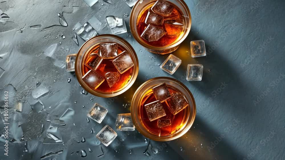 Three glasses of whiskey on the rocks sit on a gray surface Three glasses of whiskey on the rocks sit on a gray surface