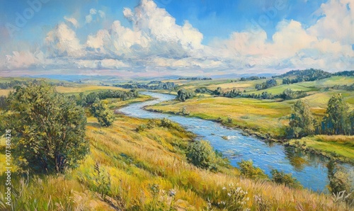 river meander in summer, hilly country