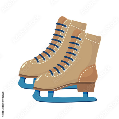 A pair of beige ice skates with blue laces and blades. This illustration is ideal for winter sports, ice skating, or cold season themes.