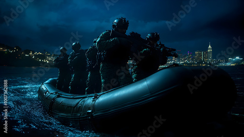 A modern U.S. Navy SEAL team, fully geared in tactical combat suits, stealthily exiting a black inflatable boat at night, with the silhouette of a distant city skyline in the background. Navy SEAL tea