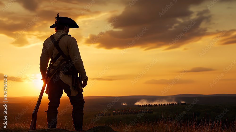 A Revolutionary War minuteman, dressed in civilian clothes with a musket in hand, standing guard on a hilltop as British troops march in the distance. Revolutionary War minuteman guarding a hill.
A Revolutionary War minuteman, dressed in civilian clothes with a musket in hand, standing guard on a hilltop as British troops march in the distance. Revolutionary War minuteman guarding a hill.