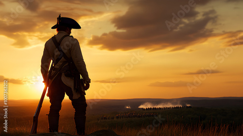 A Revolutionary War minuteman, dressed in civilian clothes with a musket in hand, standing guard on a hilltop as British troops march in the distance. Revolutionary War minuteman guarding a hill.