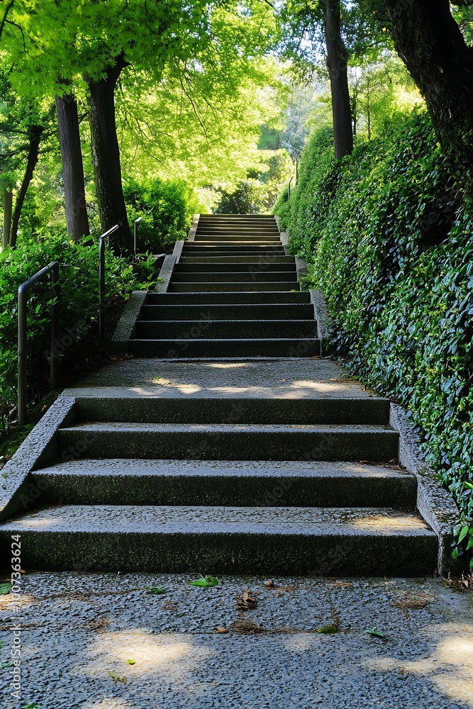 Stone steps leading up a hill through a lush green forest. Concept of overcoming obstacles, success, and achieving goals. Stone steps leading up a hill through a lush green forest. Concept of overcoming obstacles, success, and achieving goals.