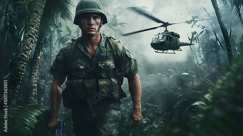 A soldier from the Vietnam War, wearing jungle fatigues and carrying an M16 rifle, walking cautiously through dense tropical vegetation with helicopters flying overhead. Vietnam War soldier patrolling photo