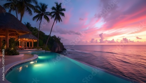 A tropical beach resort with a palm tree, infinity pool, and ocean view at sunset