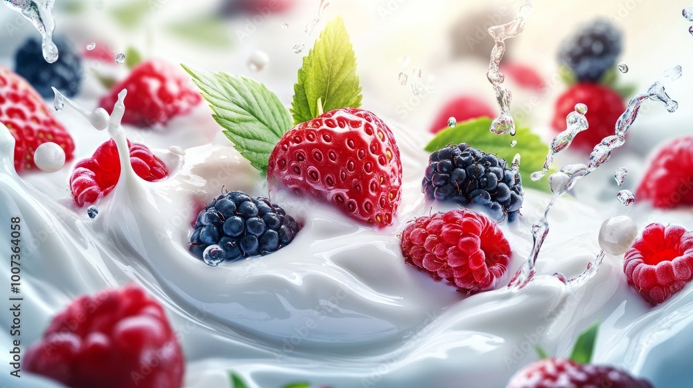 Berry forest with a splash of milk wave. The dairy drink has a genuine flow with strawberry, blackberry, raspberry, green leaves, and droplets. Flow of light summertime drinks, yoghurt, or cream Berry forest with a splash of milk wave. The dairy drink has a genuine flow with strawberry, blackberry, raspberry, green leaves, and droplets. Flow of light summertime drinks, yoghurt, or cream