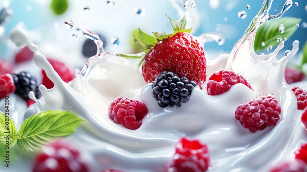 Berry forest with a splash of milk wave. The dairy drink has a genuine flow with strawberry, blackberry, raspberry, green leaves, and droplets. Flow of light summertime drinks, yoghurt, or cream Berry forest with a splash of milk wave. The dairy drink has a genuine flow with strawberry, blackberry, raspberry, green leaves, and droplets. Flow of light summertime drinks, yoghurt, or cream