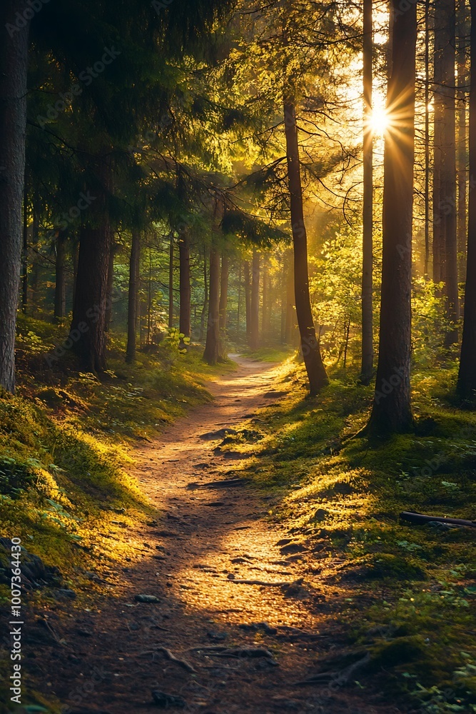 Fototapeta premium Sunbeams illuminating path through misty forest. Nature photography with golden light and green trees