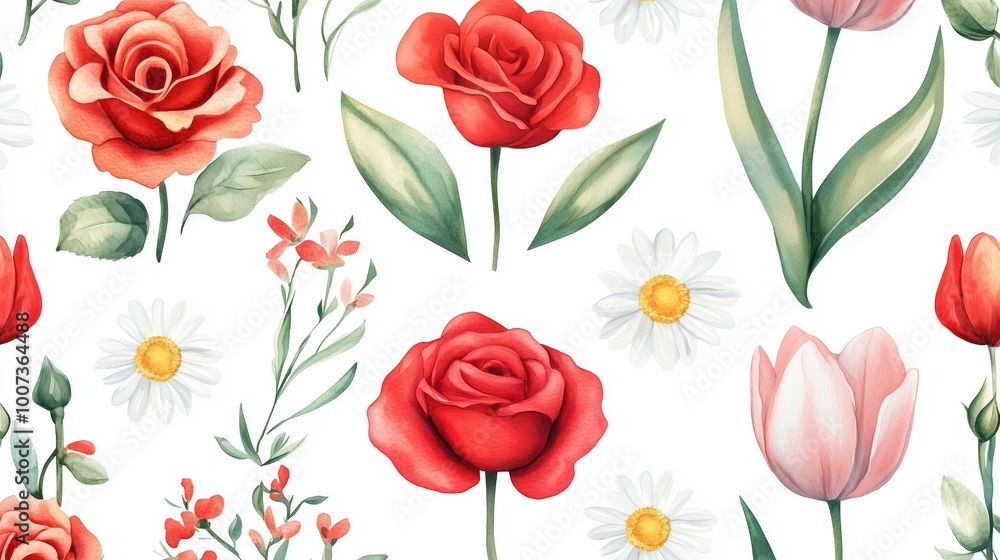 A vibrant floral pattern featuring red roses, tulips, and daisies on a light background, showcasing nature's beauty in springtime A vibrant floral pattern featuring red roses, tulips, and daisies on a light background, showcasing nature's beauty in springtime