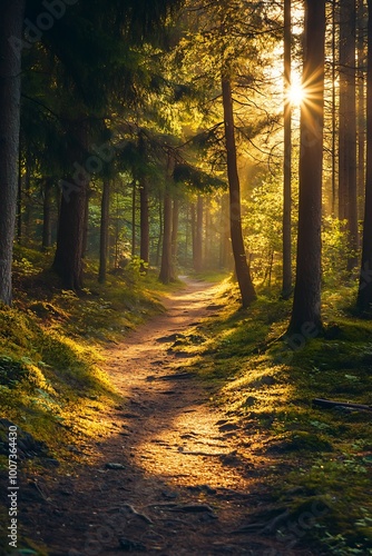 Wallpaper Mural Sunbeams illuminating path through misty forest. Nature photography with golden light and green trees Torontodigital.ca
