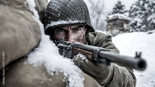 A U.S. Army infantryman from the Korean War, crouching behind a wall of sandbags with his M1 Garand rifle, scanning the frozen landscape for enemy movement. Korean War infantryman in a frozen battlefi