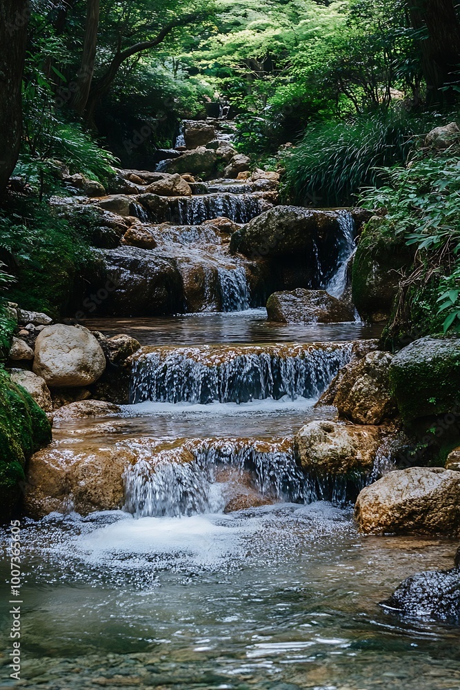 Tranquil Cascading Waterfall in Lush Forest Landscape Tranquil Cascading Waterfall in Lush Forest Landscape