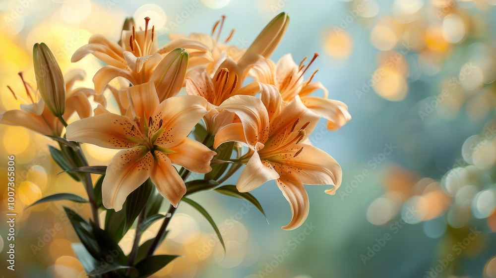 Fototapeta premium In a vibrant garden during spring, delicate orange lilies showcase their beauty amidst a soft, blurred background of green and golden hues, illuminated by warm sunlight.