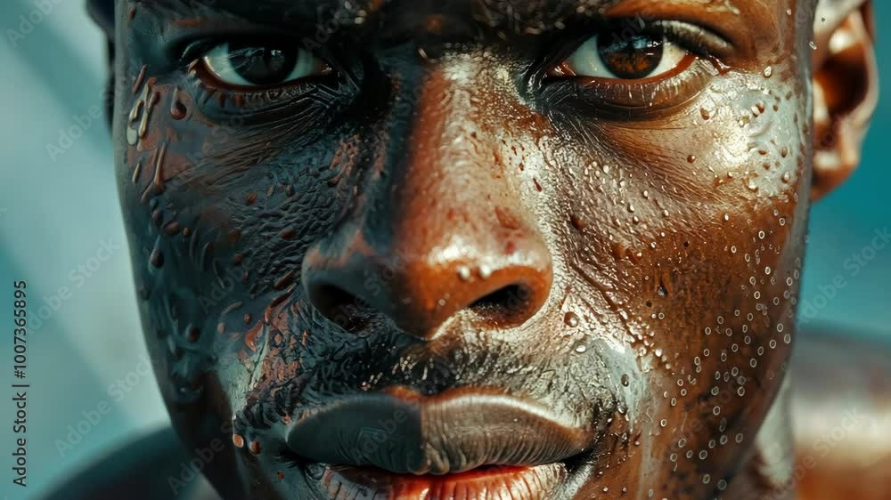 A close-up of a man's face, covered in water droplets, captures the intensity of his focus A close-up of a man's face, covered in water droplets, captures the intensity of his focus