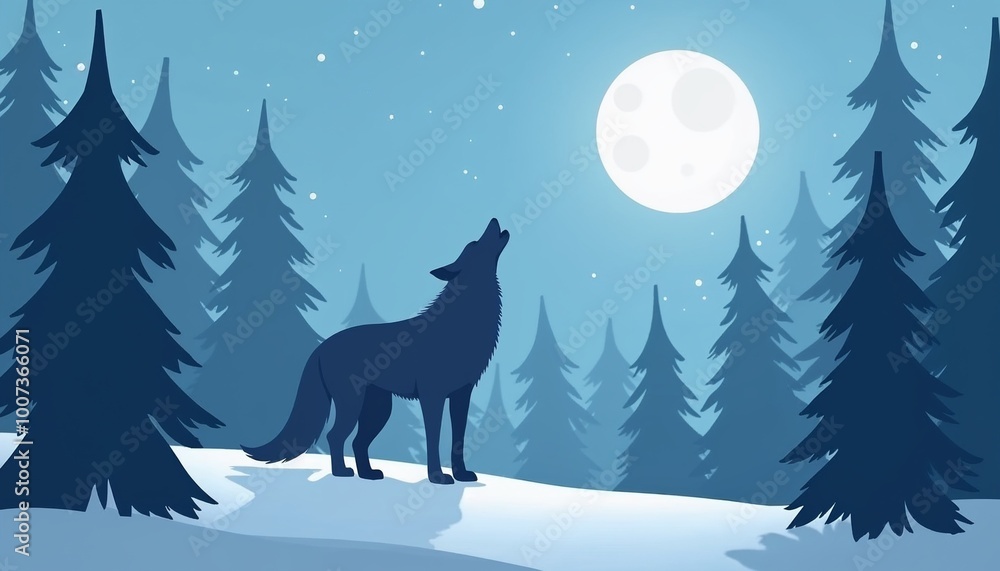 Silhouette of a wolf howling at the moon in a snowy forest with a mystical atmosphere Silhouette of a wolf howling at the moon in a snowy forest with a mystical atmosphere