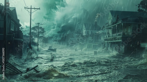 Fototapeta Naklejka Na Ścianę i Meble -  A flooded street in a small town, with houses submerged in water. The storm clouds overhead are dark and ominous, creating a sense of foreboding.