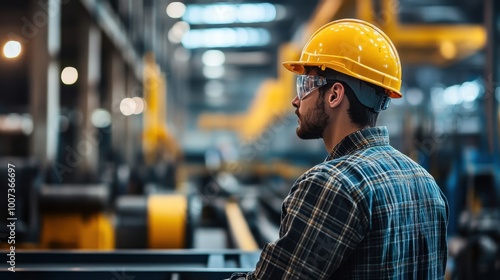 Worker in hard hat observing factory operations photo