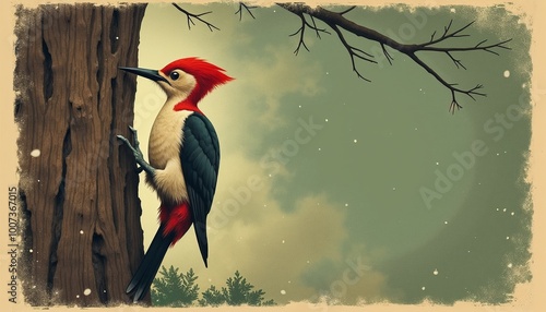 Colorful woodpecker sitting on tree trunk in calm forest setting, vintage feel and copy space