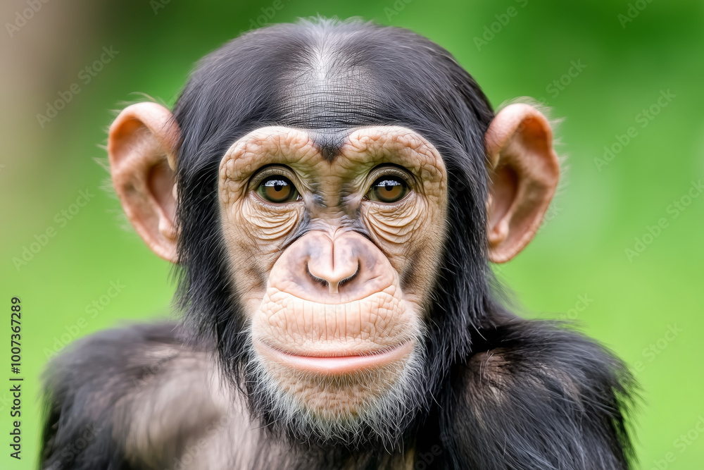 Portrait of a young chimpanzee, green background