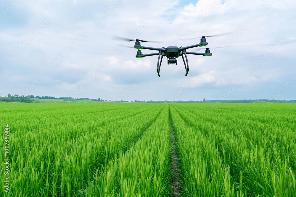 A drone hovers over a vast, green agricultural field, showcasing modern technology in farming and crop monitoring under a cloudy sky A drone hovers over a vast, green agricultural field, showcasing modern technology in farming and crop monitoring under a cloudy sky