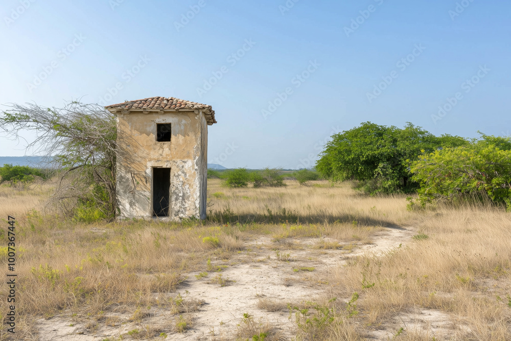A weathered, abandoned house stands alone in a dry, grassy field with sparse vegetation A weathered, abandoned house stands alone in a dry, grassy field with sparse vegetation