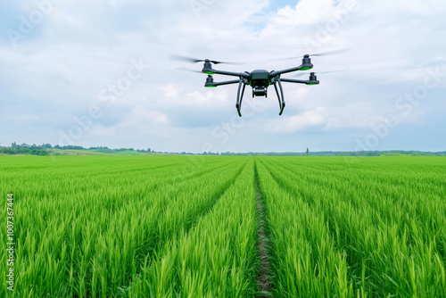 A drone hovers over a vast, green agricultural field, showcasing modern technology in farming and crop monitoring under a cloudy sky