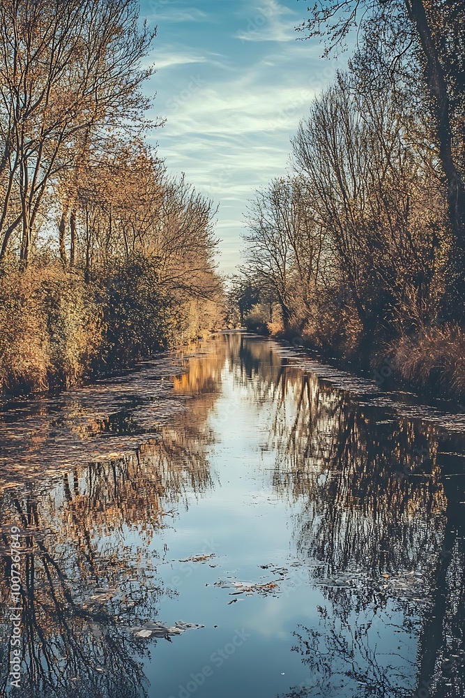 Obraz premium Tranquil Canal Pathway with Bare Trees in Autumn