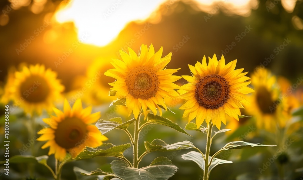 Fototapeta premium Sunlight on sunflowers in field