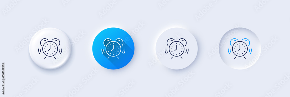 Time management line icon. Neumorphic, Blue gradient, 3d pin buttons. Alarm clock sign. Watch symbol. Line icons. Neumorphic buttons with outline signs. Vector Time management line icon. Neumorphic, Blue gradient, 3d pin buttons. Alarm clock sign. Watch symbol. Line icons. Neumorphic buttons with outline signs. Vector
