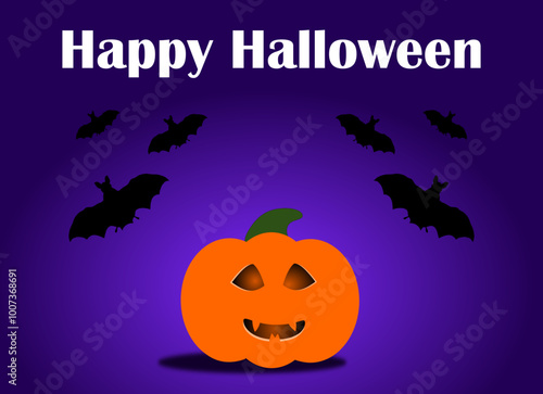 Halloween card with smiling pumpkin and bat silhouettes on violet background