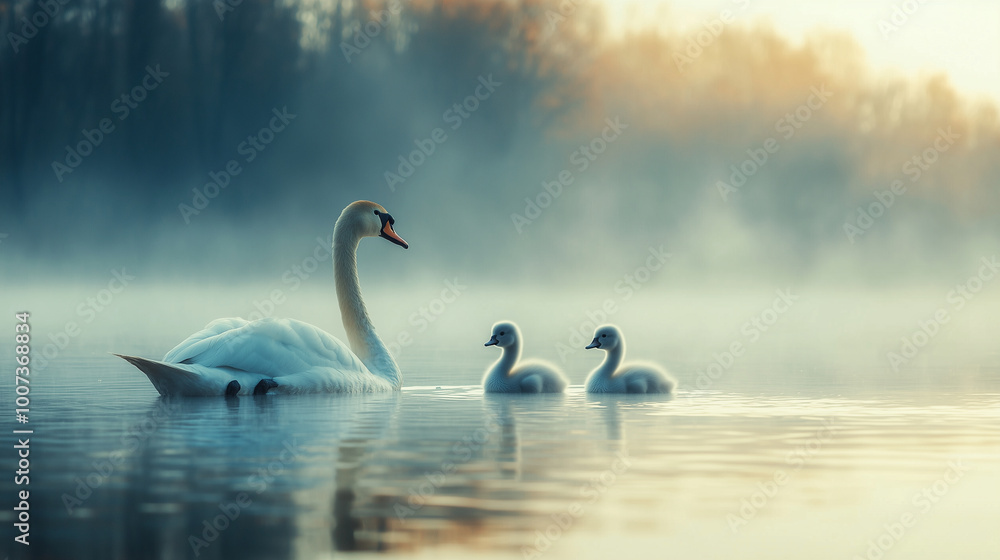 Swans on the foggy lake in the morning Swans on the foggy lake in the morning