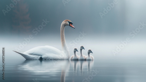 Swans on the foggy lake in the morning