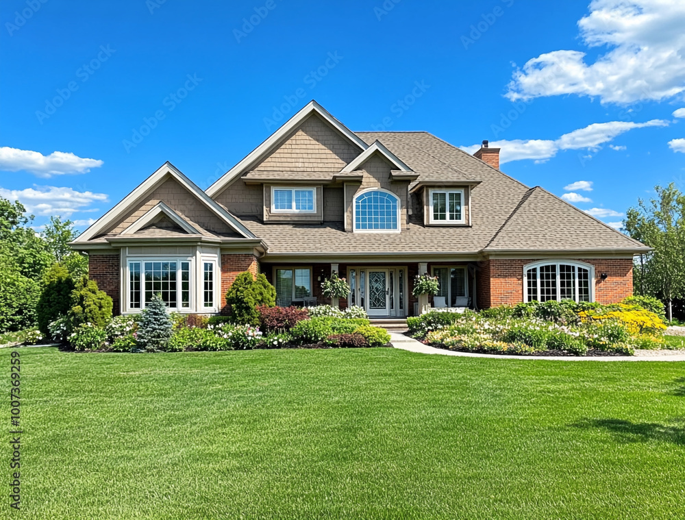 A beautiful home with a large front yard and blue sky in the background, representing the high-end residential real estate market of North America. A beautiful home with a large front yard and blue sky in the background, representing the high-end residential real estate market of North America.