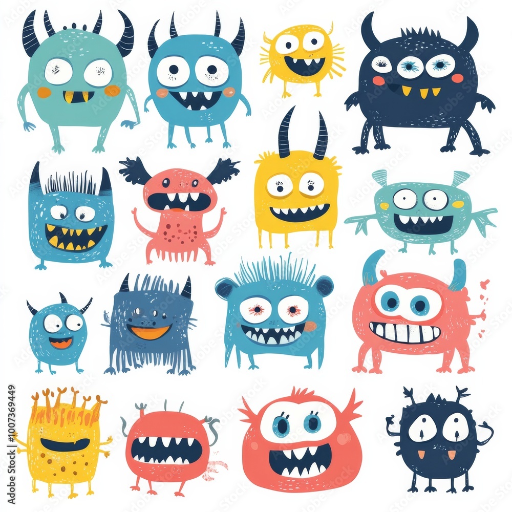 Obraz premium A vibrant and playful collection of hand-drawn tiny doodle monsters featuring cheerful facial expressions.