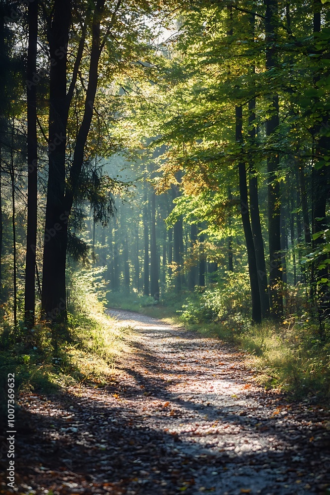 Obraz premium Sunbeams through trees on a forest path, Nature trail and path in the woods