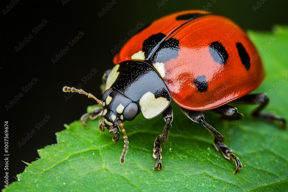 Fototapeta premium Vibrant ladybug on green leaf close-up macro shot