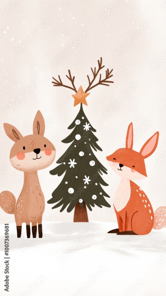 Obraz premium Handdrawn illustration of woodland animals including a deer rabbit and fox gathering around a Christmas tree in a snowy forest Perfect for holiday cards and winterthemed prints with a whimsical and jo
