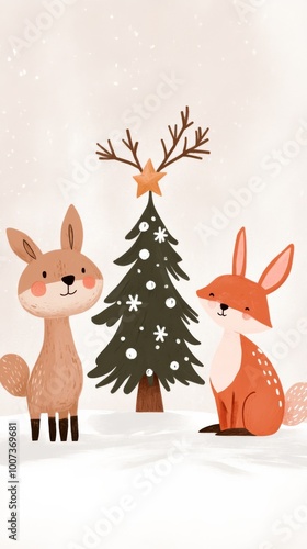 Handdrawn illustration of woodland animals including a deer rabbit and fox gathering around a Christmas tree in a snowy forest Perfect for holiday cards and winterthemed prints with a whimsical and jo