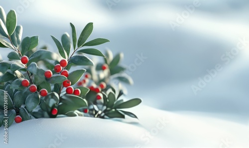 Twigs of wintergreen with small, bright red berries peeking out from under a blanket of fresh snow