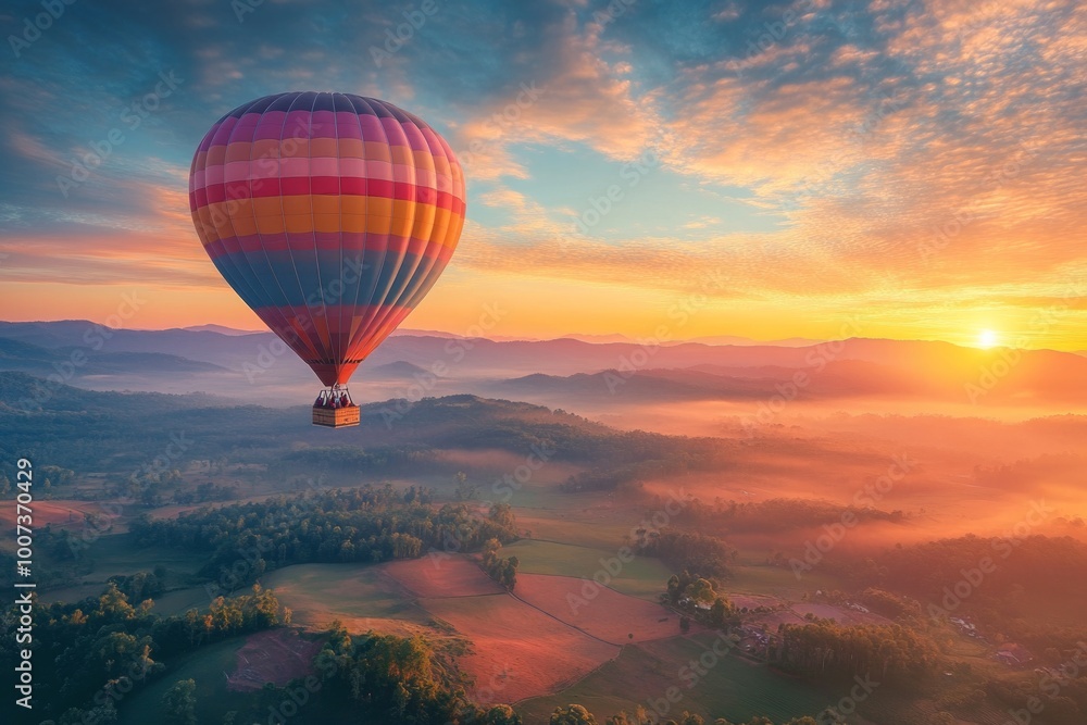 Fototapeta premium Colorful hot air balloon journey over misty landscape at sunrise