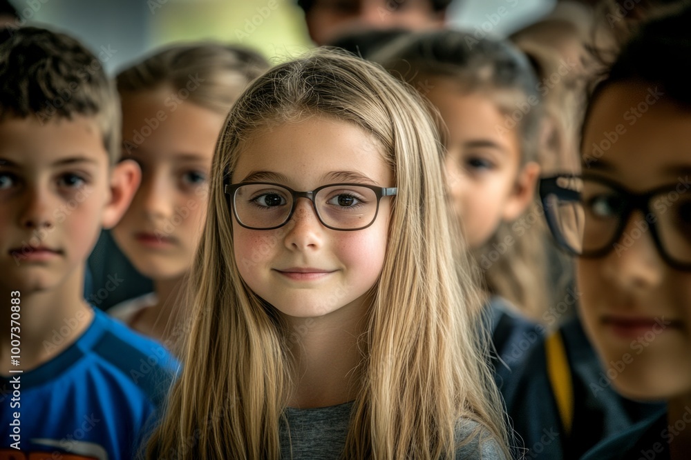 Curious and confident young girl with glasses standing among peers at school event Curious and confident young girl with glasses standing among peers at school event