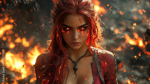 female fire genasi with intense red eyes stands amidst a blazing inferno, her presence commanding