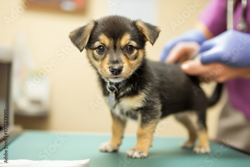 Adorable puppy at veterinarian clinic receiving examination photo