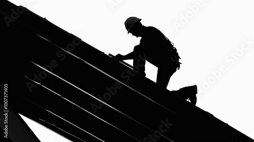 Silhouette of roofer on roof with hammer tool, isolated on white background for roofing design photo