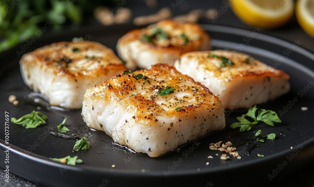 white fish cutlets on a black plate white fish cutlets on a black plate